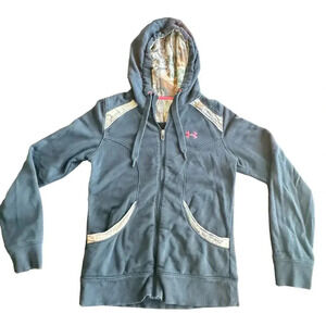 Under Armour Gray Zip Front Hoodie Jacket Sweatshirt Camo Hot Pink Trim Womens M